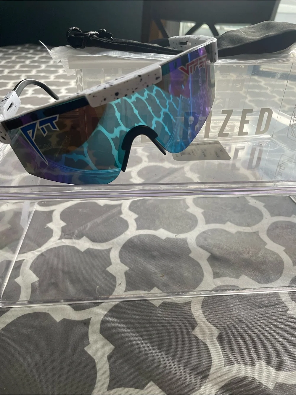 Polarized Sports Sunglasses - White Speckle Frame with Blue Mirrored Lens